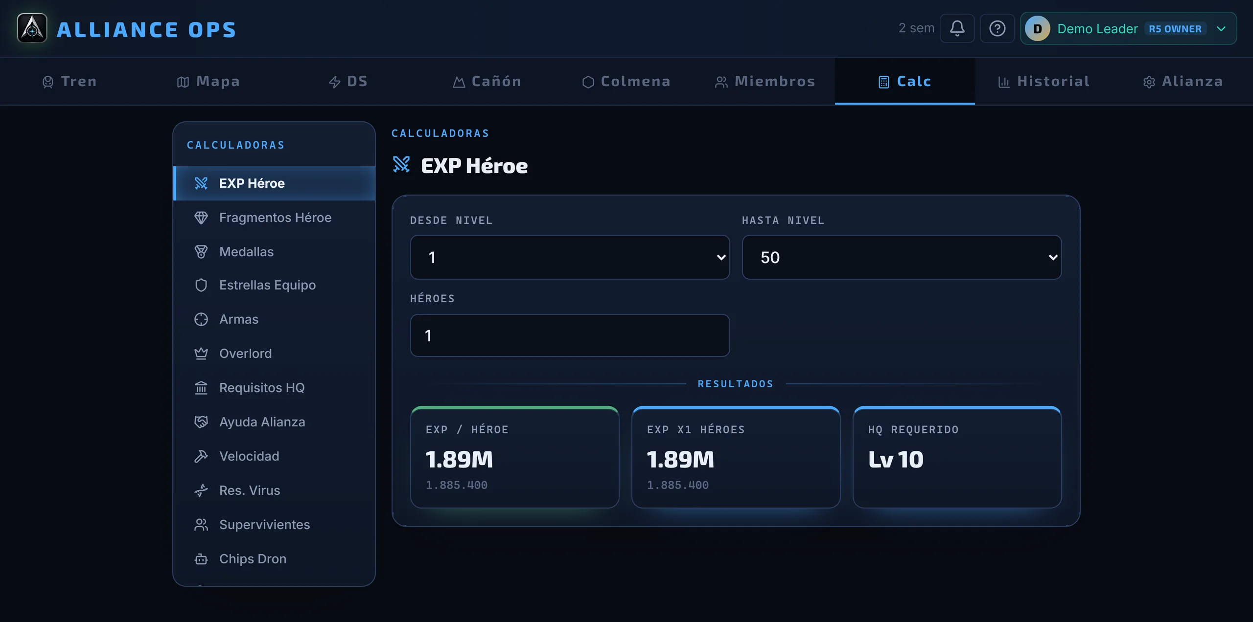 Calculadoras de Alliance Ops: EXP de héroe, fragmentos de arma y resistencia a virus con totales por rango de nivel.