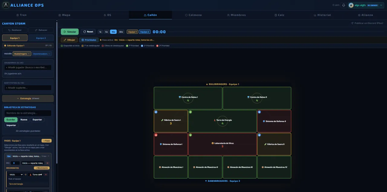 Planificador de Canyon Storm en Alliance Ops: rejilla de objetivos con estados de desbloqueo y prioridades de captura.