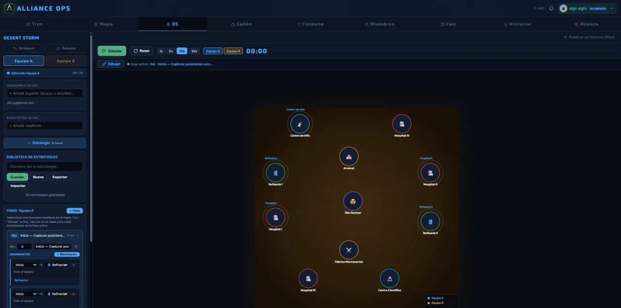 Planificador de Desert Storm en Alliance Ops: mapa de posiciones con equipos, conexiones y fases.