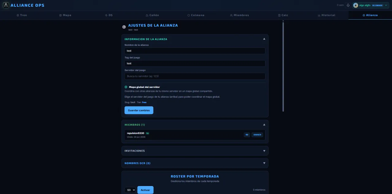 Gestión de alianza en Alliance Ops: miembros con rango R1–R5 y roster por temporada.
